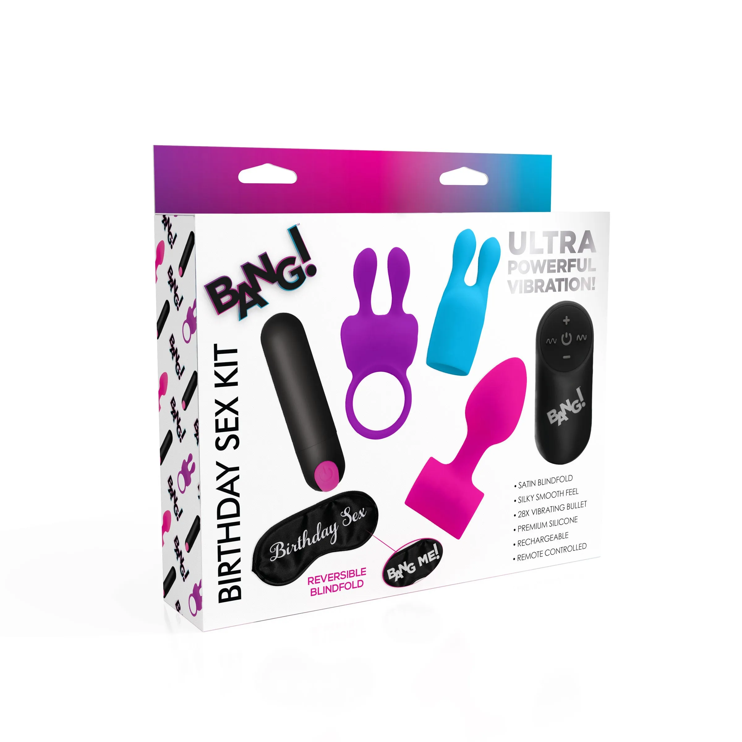 Enhanced Birthday Sex Kit: Cock Ring, Plug, Clitoral Stimulator, Bullet Vibrator, and Blindfold