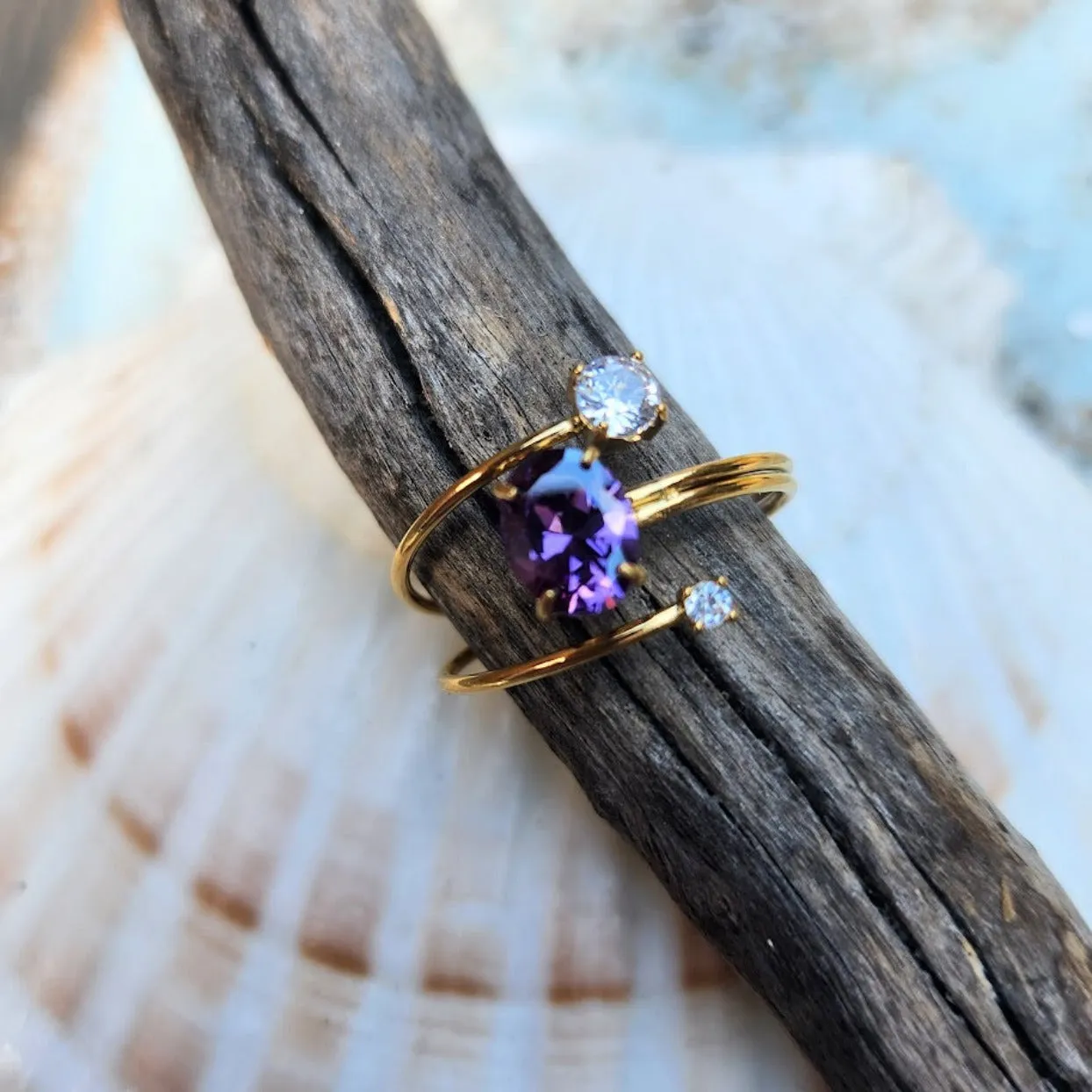 AMETHYST STACK  - ADJUSTABLE WATERPROOF GOLD RING