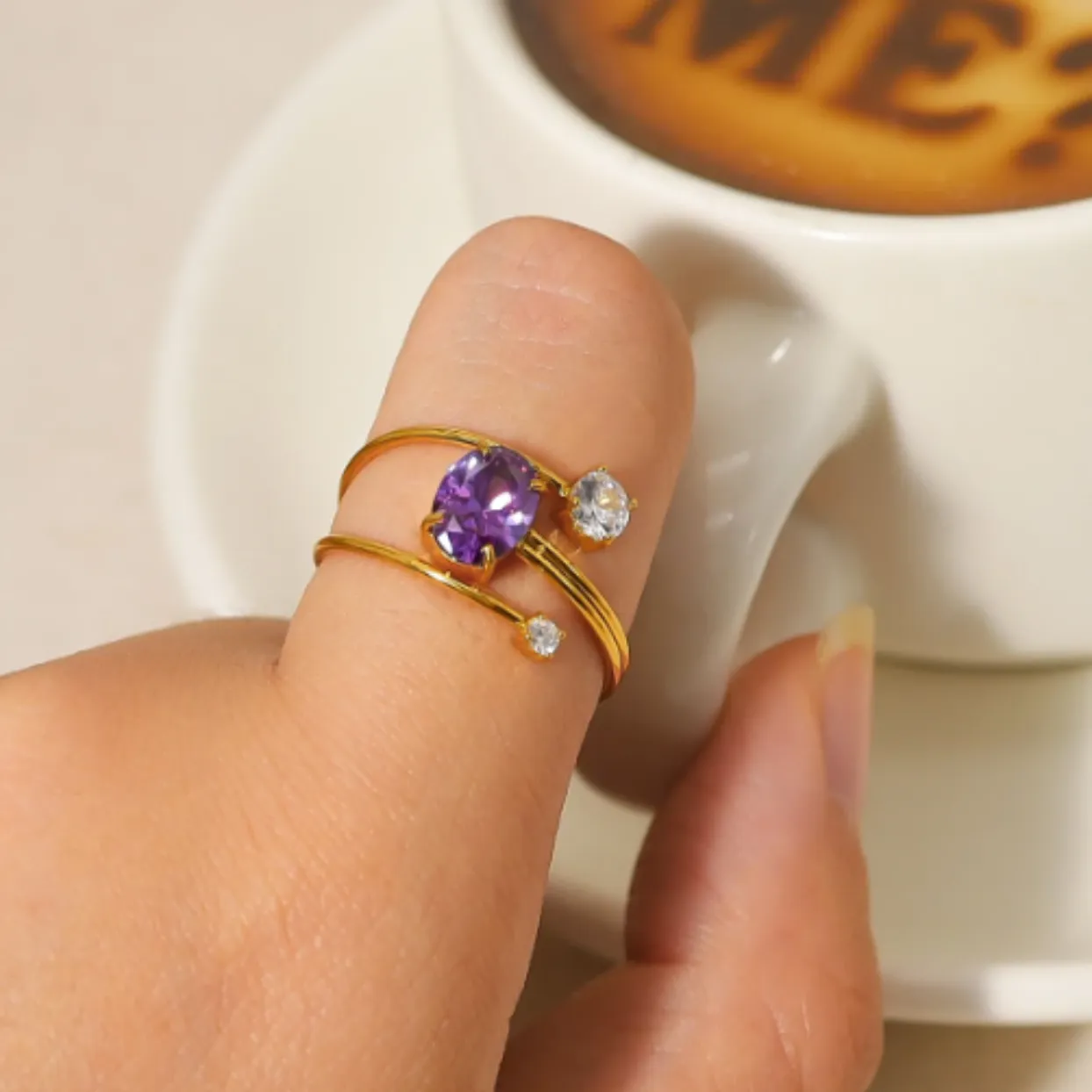 AMETHYST STACK  - ADJUSTABLE WATERPROOF GOLD RING