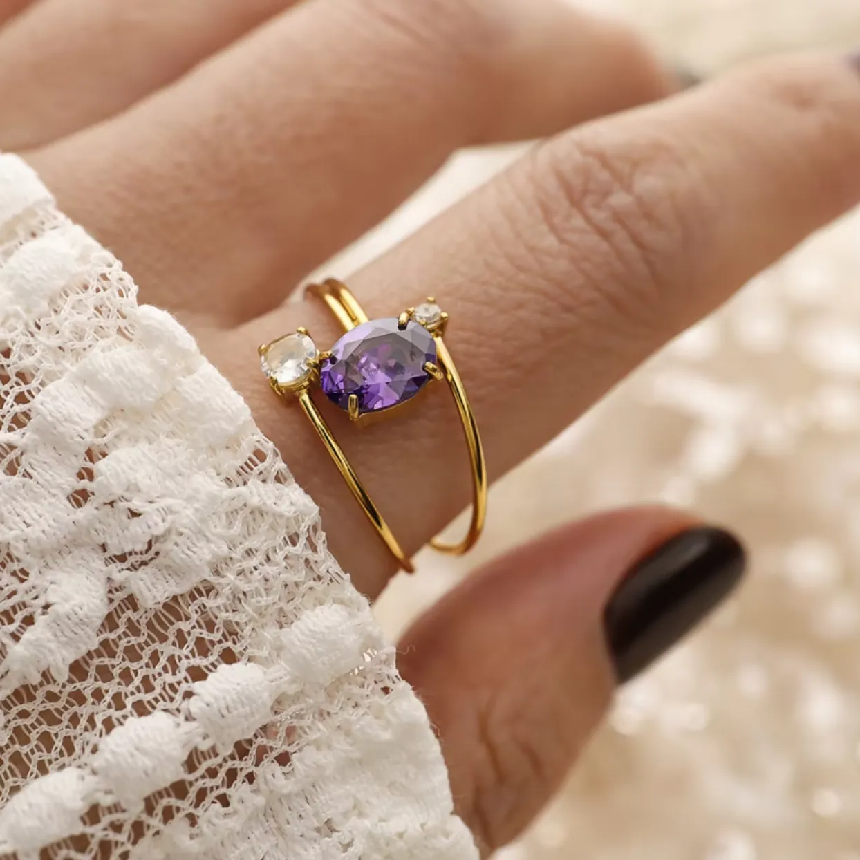 AMETHYST STACK  - ADJUSTABLE WATERPROOF GOLD RING