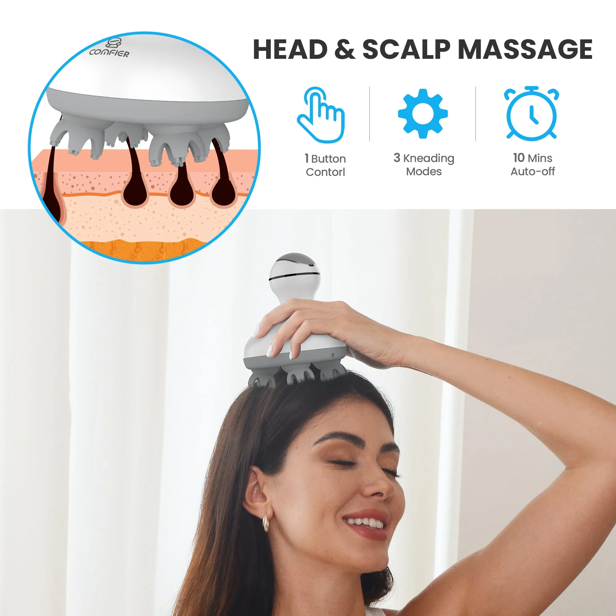 COMFIER Electric Scalp Massager Hair Growth, Cordless Head Massager Scalp Stress Relax, Waterproof Handheld Hair Scratcher with 84 Silicone Nodes CF-4902N