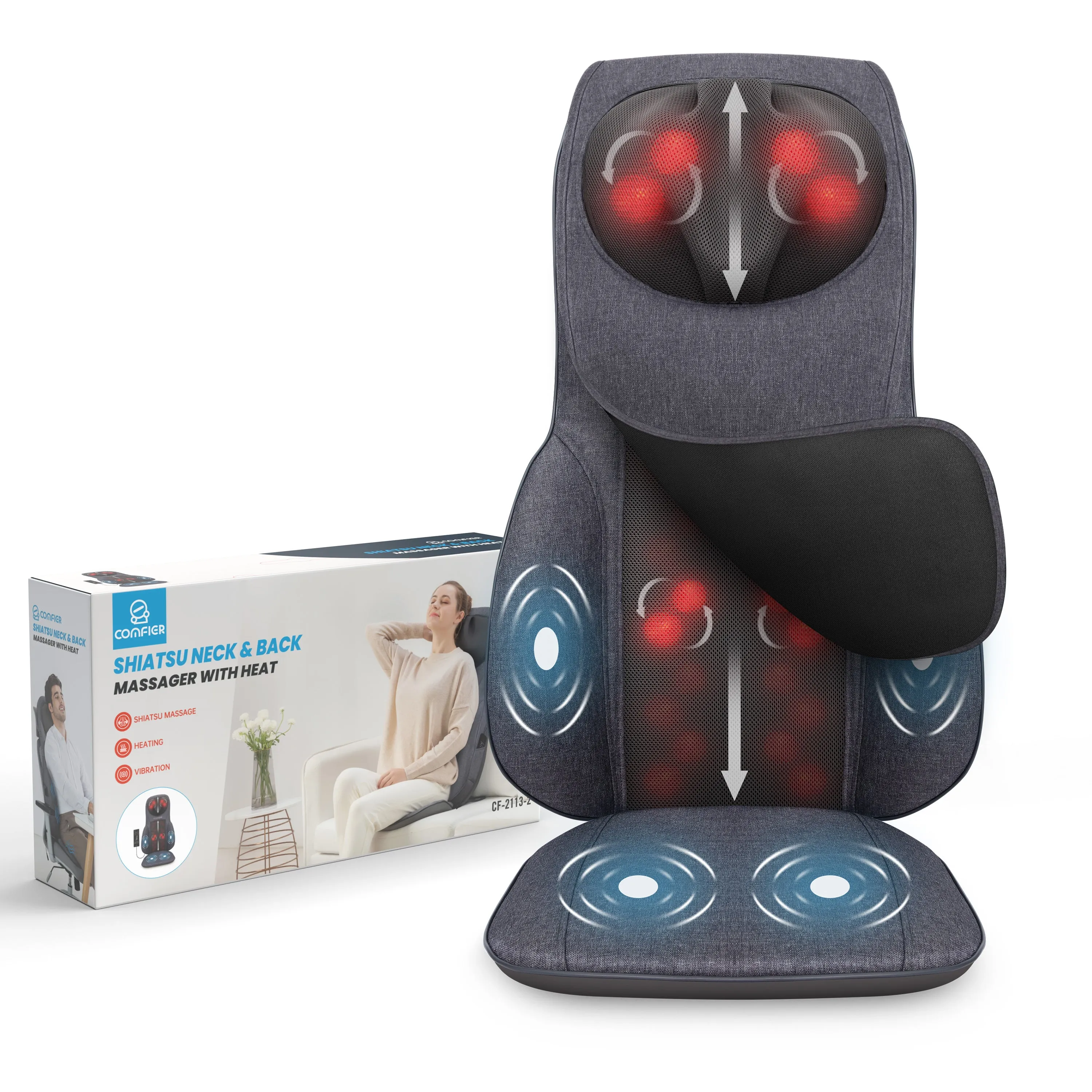 Comfier Shiatsu Neck Back Massage Seat Cushion with Heat,(Colored packaging) - CF-2113-2