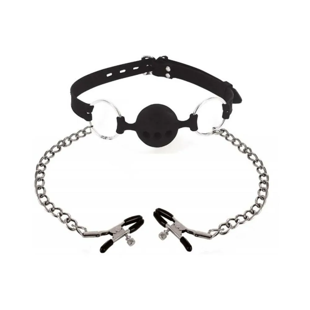 Hinder Breathable Silicone Ball Gag With Nipple Clamps