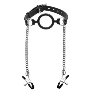 Master Series Mutiny Silicone O-Ring Gag With Nipple Clamps