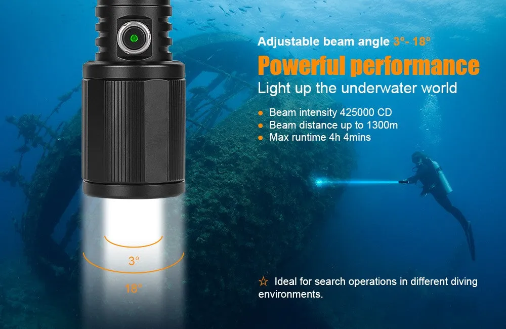 OrcaTorch D720 Dive Torch with 425000cd 1300 Beam Meters Throw 150 Meters Depth