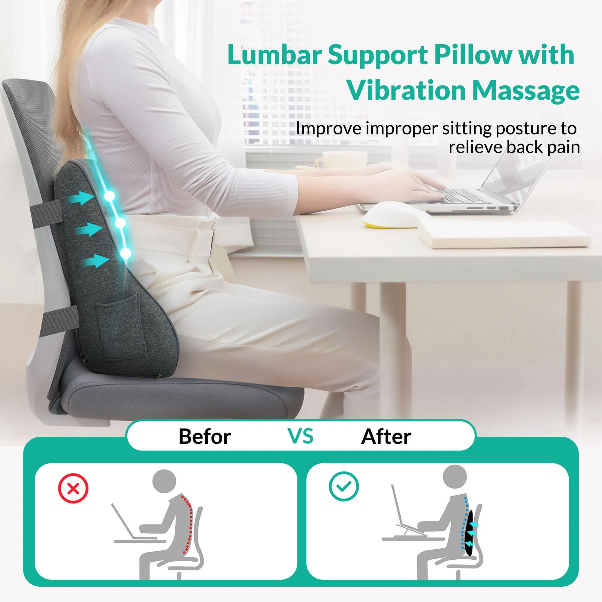 Snailax Lumbar Support Pillow with Heat and Vibration for Office Chair and Car SL-153