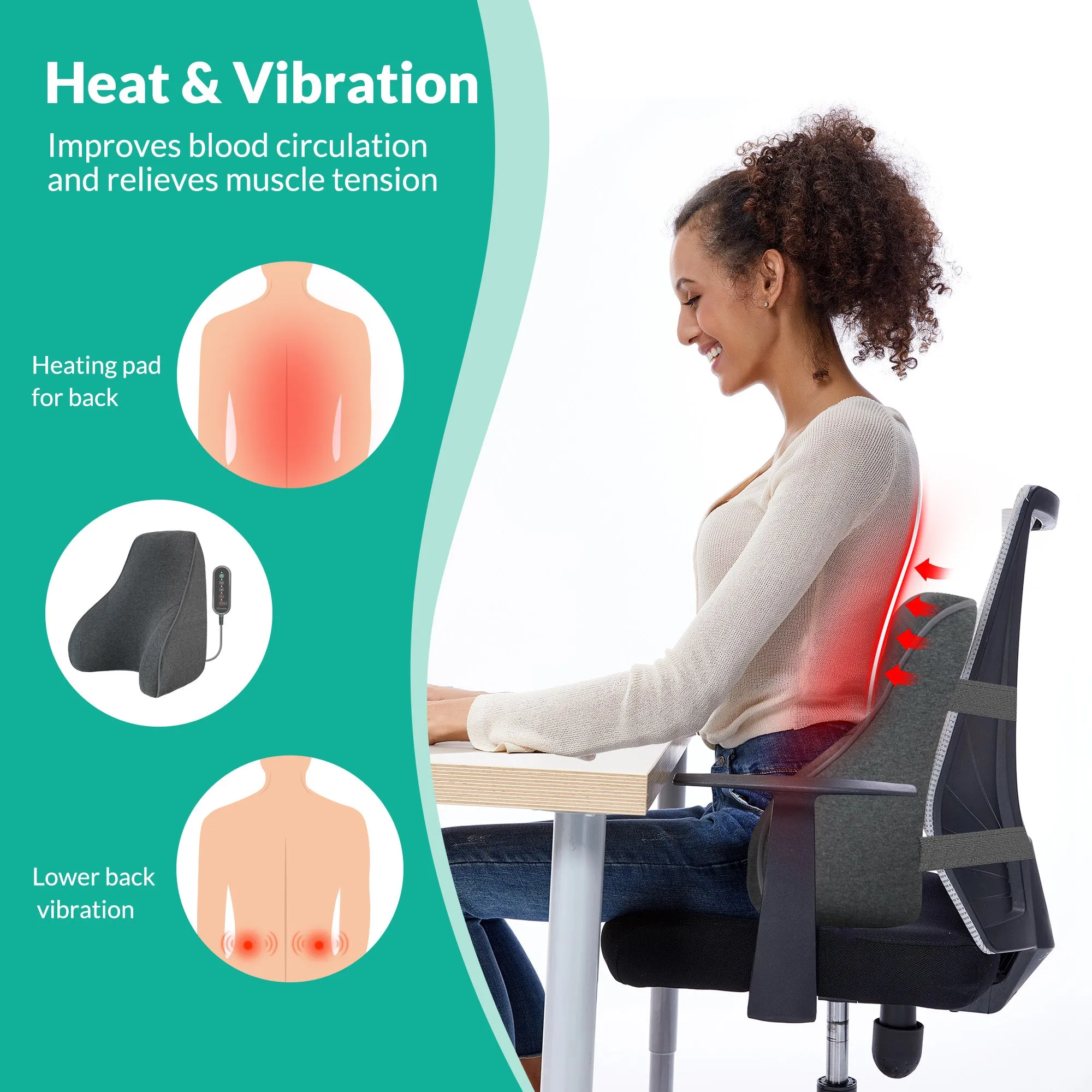 Snailax Lumbar Support Pillow with Heat and Vibration for Office Chair and Car SL-153