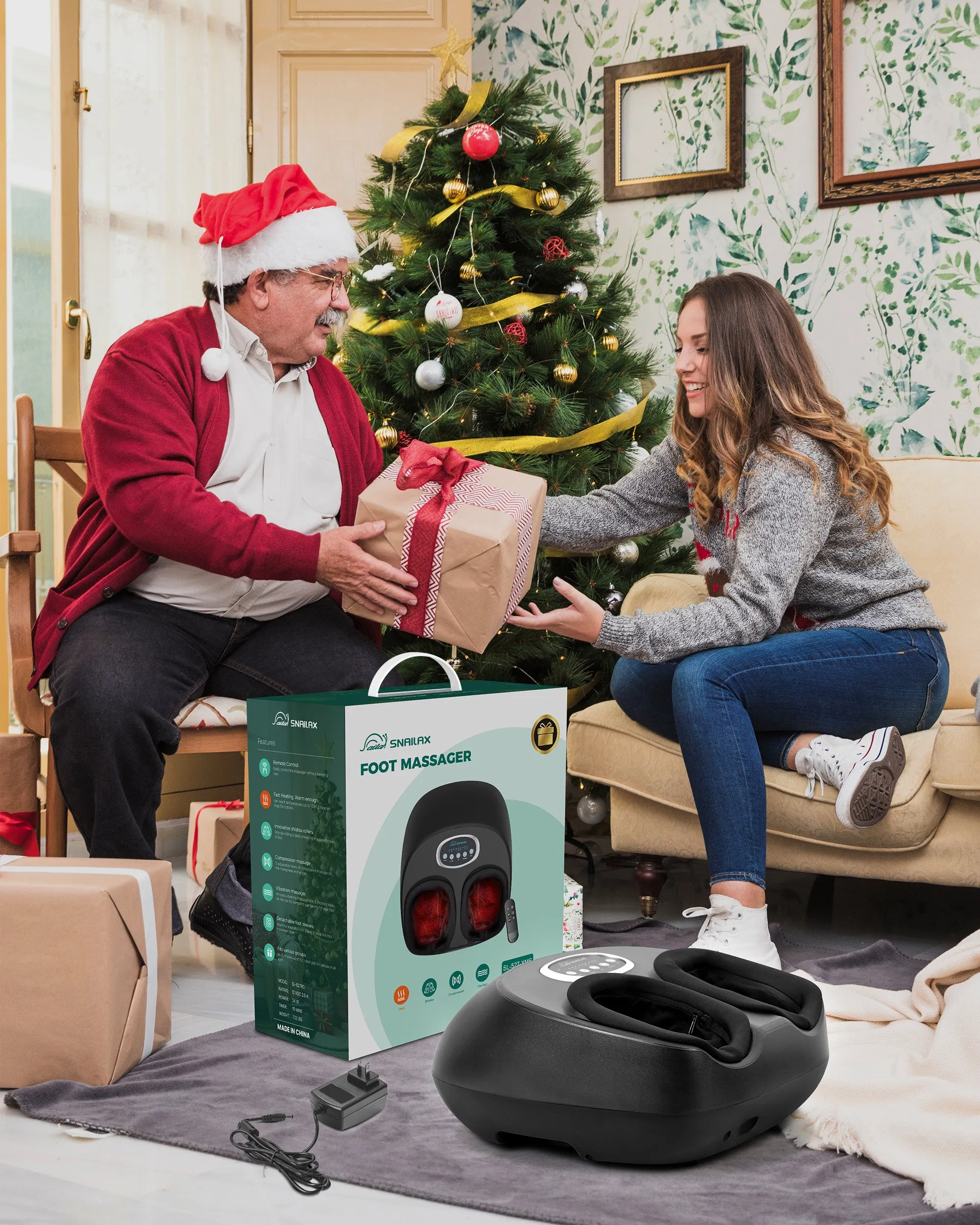 Snailax Shiatsu Foot Massager with Heat, Greeting Card, Christmas Day Gifts,Compression Feet Warmer Massager, Remote Control, Size 13 SL-527XMS