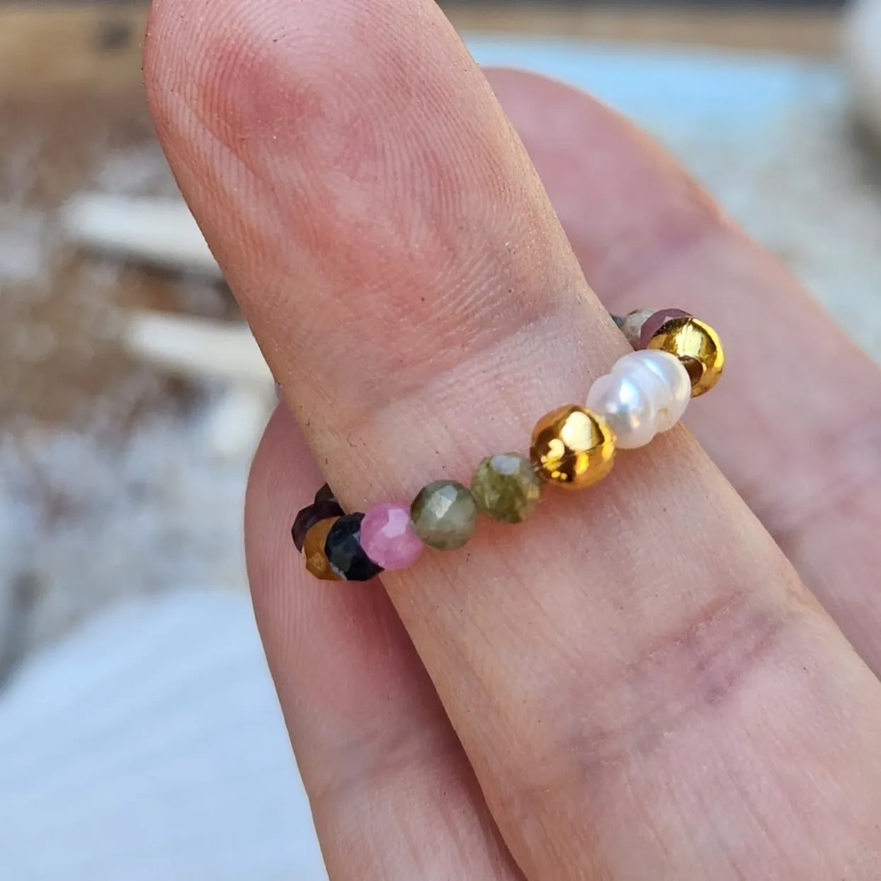 TOURMALINE & PEARL ADJUSTABLE WATERPROOF GOLD RING