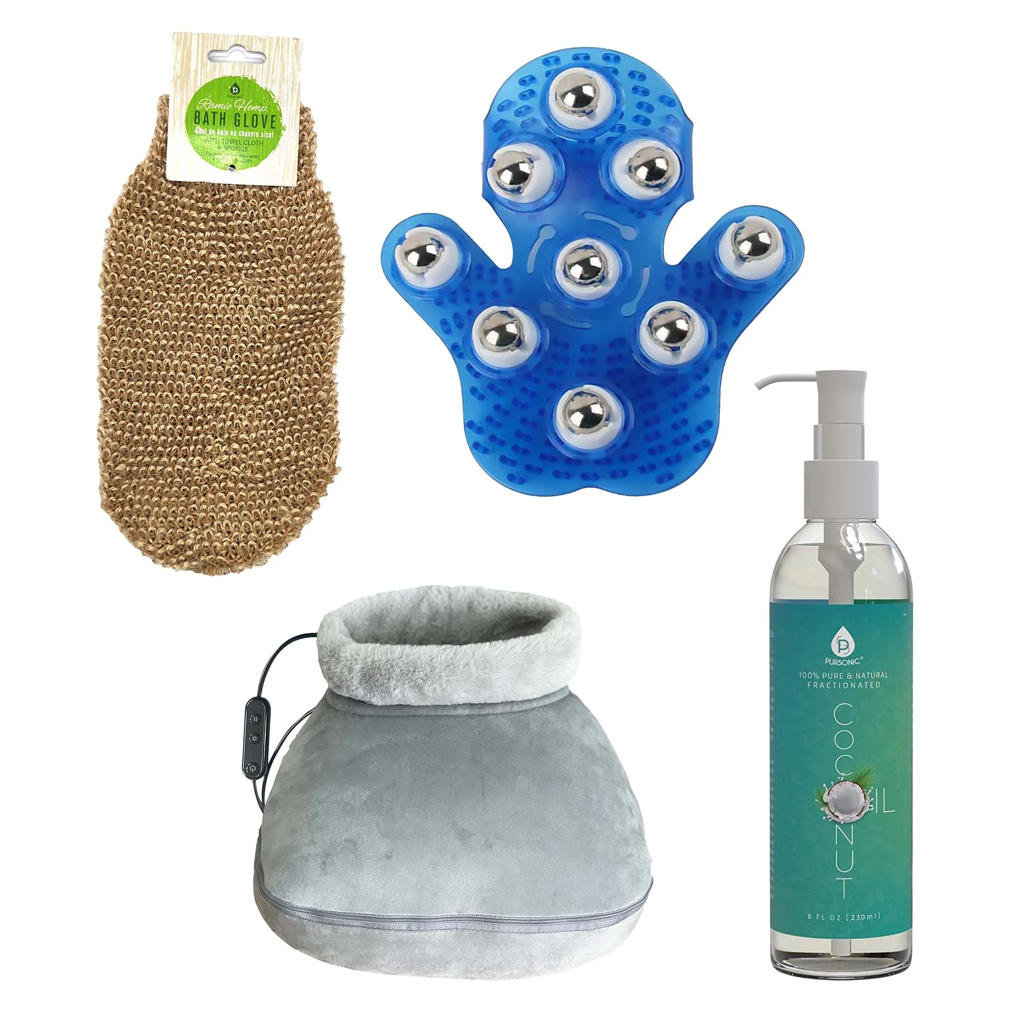 Weekend Wellness Bundle: Palm Massage Glove, Heated Foot Massager, Coconut Oil & Exfoliating Bath Glove